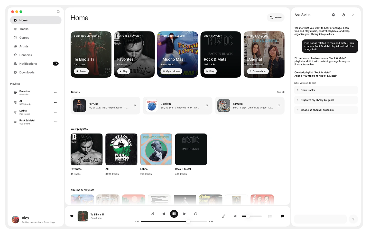 A playlist created with Ask Sidus alongside the music library