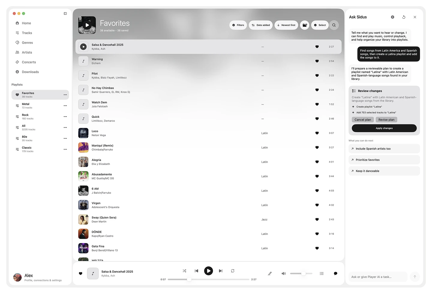 A reviewable playlist plan created by Player AI in Sidus