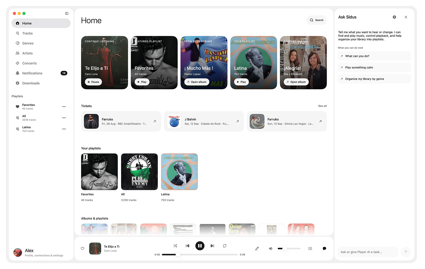 Sidus home view on macOS with quick access to music, concert tickets, playlists, and Player AI