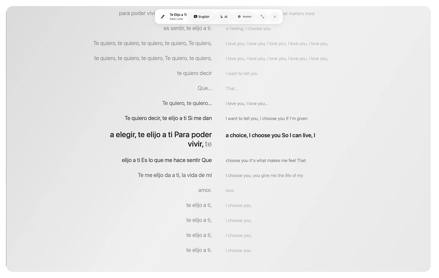 Sidus karaoke view with synchronized lyrics, active-word highlighting, and English translation