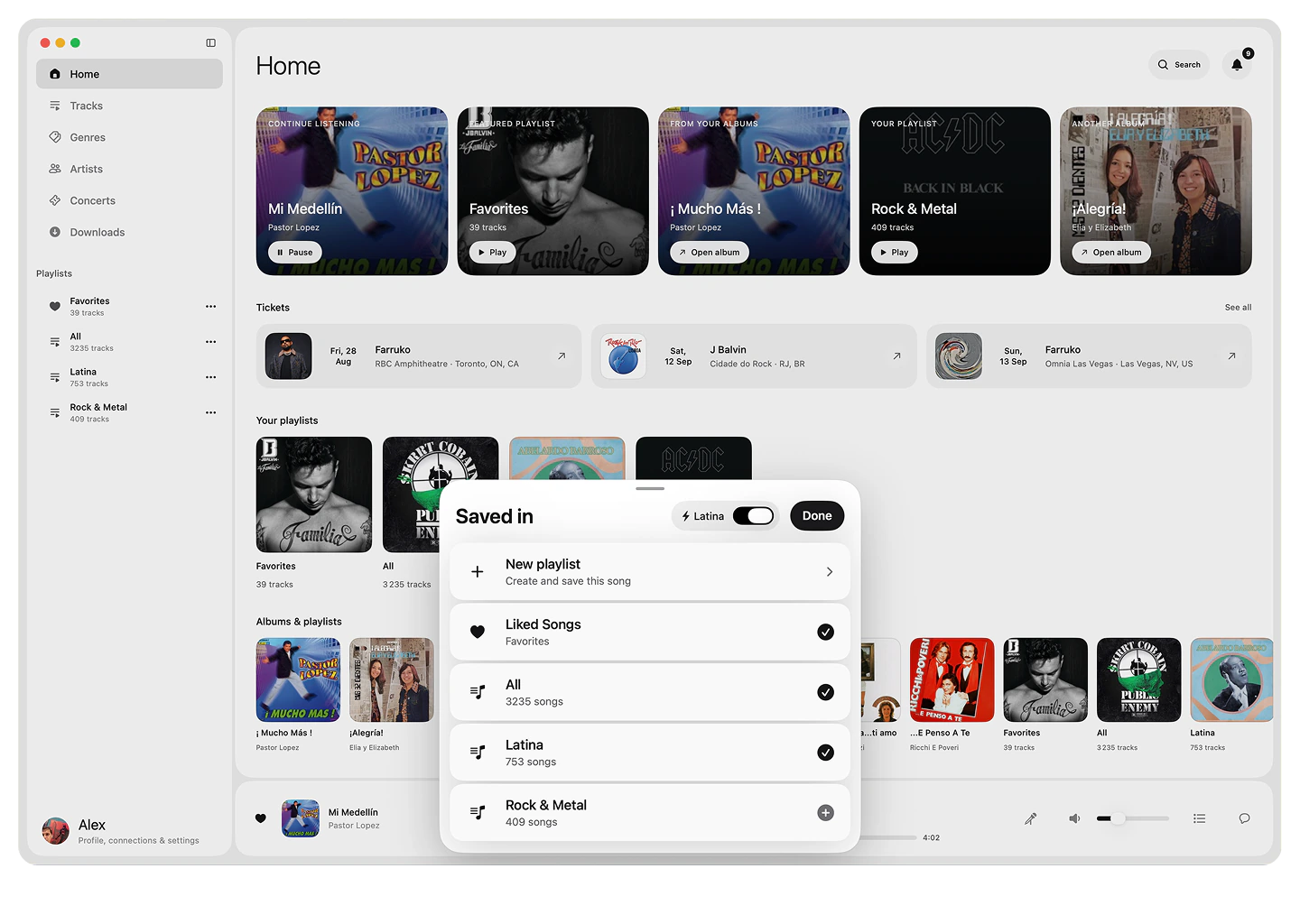 Sidus on macOS showing the Saved in panel for adding a song to playlists and enabling Quick save
