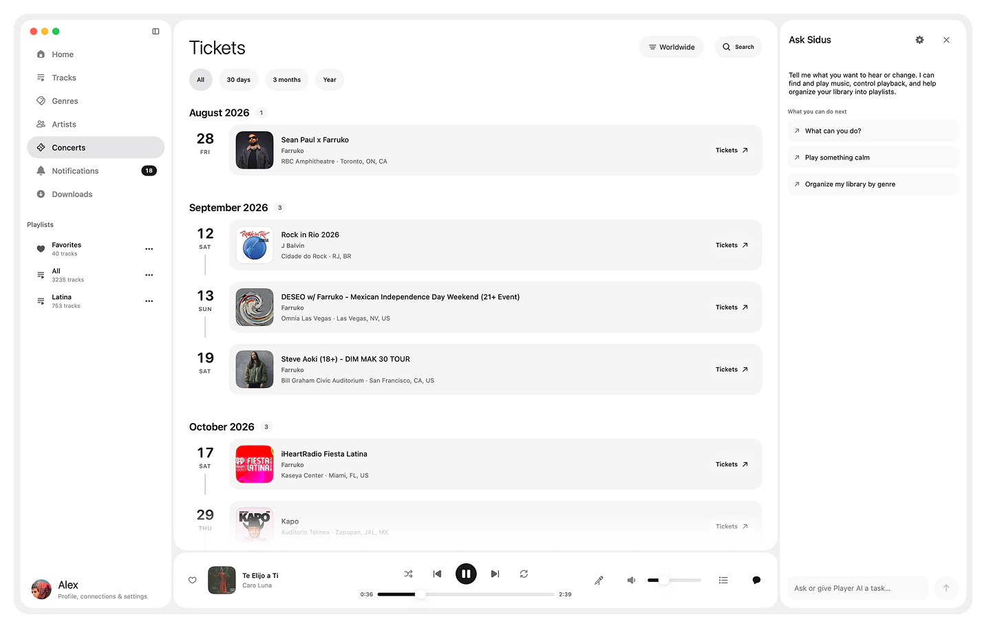 Sidus concert view on macOS showing upcoming events organized by date